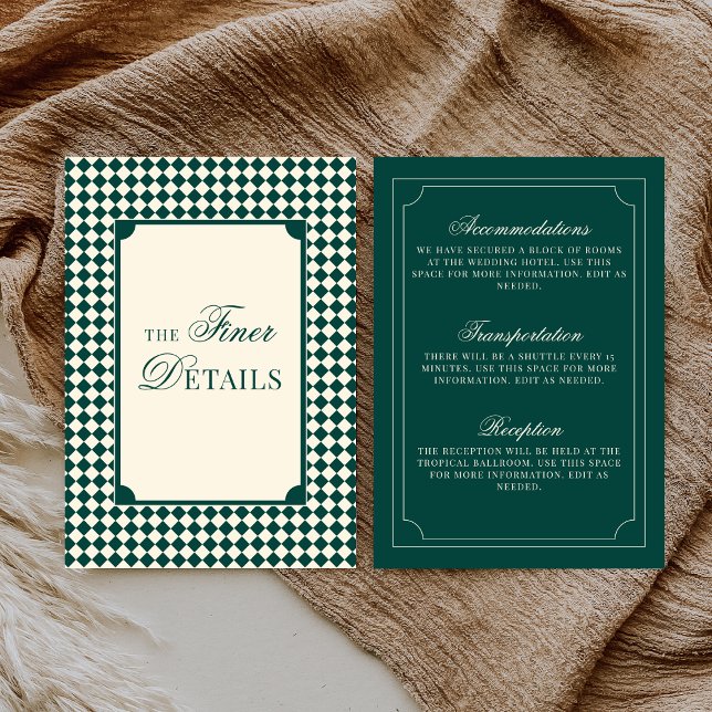 Old Money Emerald Ivory Checkered Wedding Details Enclosure Card (Creator Uploaded)