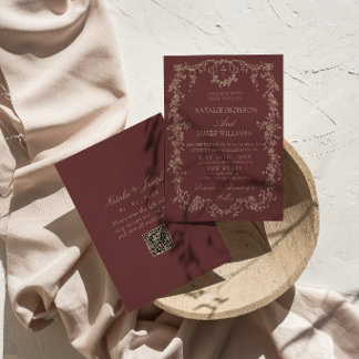 Old Money Floral Burgundy Heels QR Code Wedding Invitation