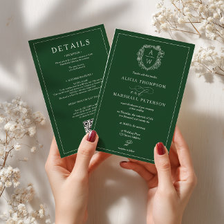 Old Money Green Floral Crest Qr Wedding All in one Invitation