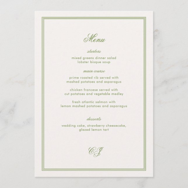 Old Money Green Wedding Menu Card (Front)