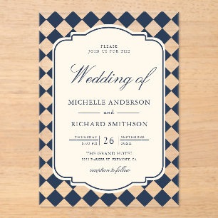 Old Money Ivory Navy Blue Chequered Wedding Acrylic Invitations