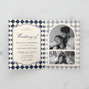 Old Money Ivory Navy Blue Chequered Wedding Invitation