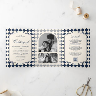 Old Money Ivory Navy Blue Chequered Wedding Tri-Fold Invitation