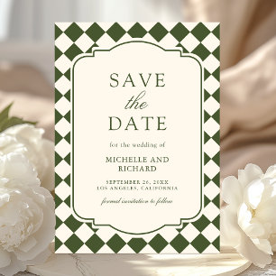 Old Money Ivory Olive Green Chequered Wedding Save The Date