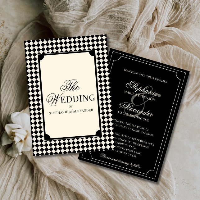 Old Money Luxury Black & Ivory Checkered Wedding Invitation (Creator Uploaded)