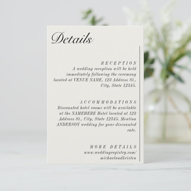 Old Money Minimalist Ecru White Wedding Details Enclosure Card (Standing Front)