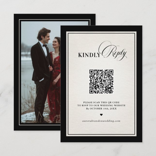 Old Money Modern Formal Black Luxury Chic QR code RSVP Card (Front/Back)