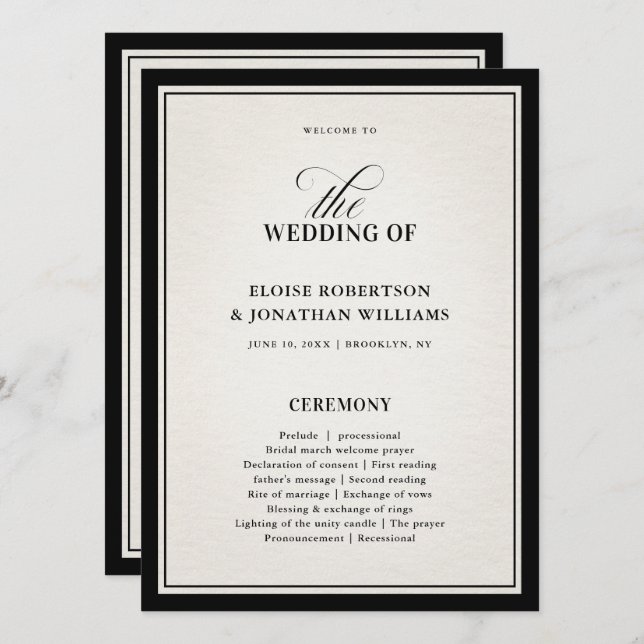 Old Money Modern Formal Black Wedding Program Card (Front/Back)