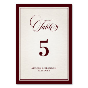 Old Money Modern Formal Burgundy Luxury Wedding Table Number