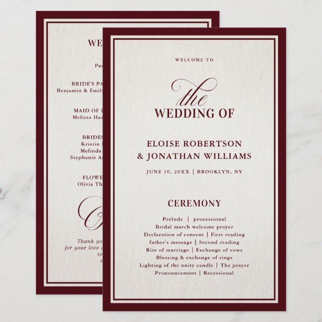 Old Money Modern Formal Burgundy Wedding Program (Front/Back)