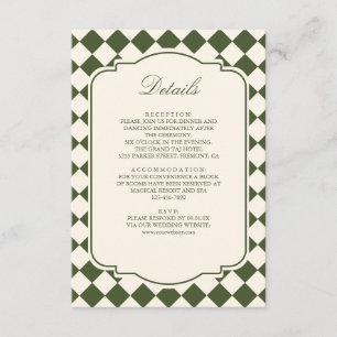Old Money Olive Green Chequered Wedding Details Enclosure Card
