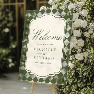 Old Money Olive Green Chequered Wedding Welcome Acrylic Sign
