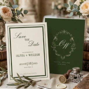 Old Money Olive Green Elegant Monogram Wedding Save The Date