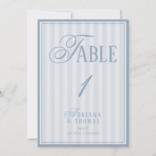 Old Money Pastel Blue Wedding Table Number (Front)