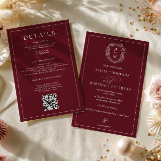 Old Money Red Floral Crest Qr Wedding All in one Invitation