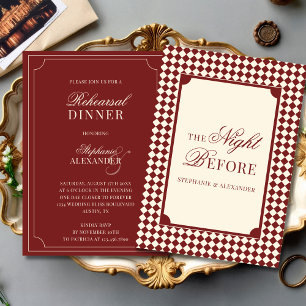 Old Money Red & Ivory Chequered Rehearsal Dinner  Invitation