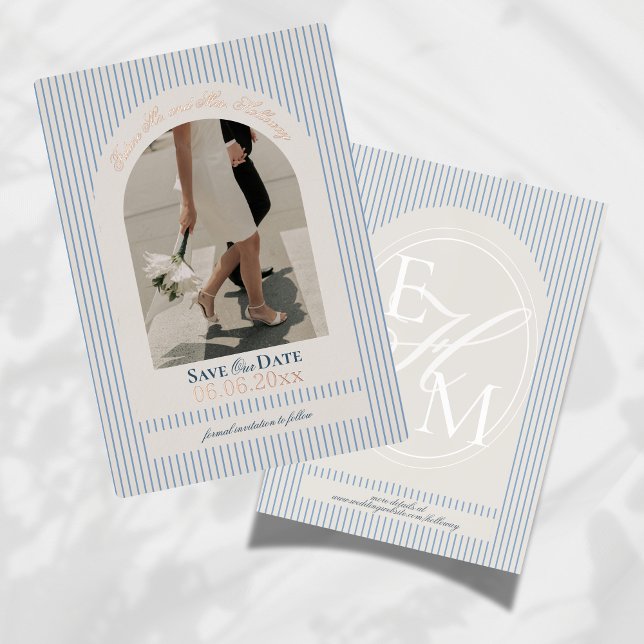 Old Money Script Blue Stripe Photo Save the Date (Invite guests to mark their calendars for your wedding with this Old Money Foil Save the Date!)