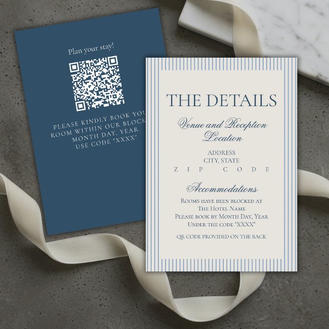 Old Money Script Blue Stripe Wedding Details Enclosure Card (Old Money Script Blue Stripe Wedding Details Enclosure Card)