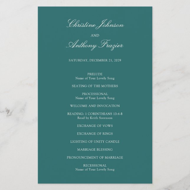 Old Money Teal Classic Wedding Program (Front)