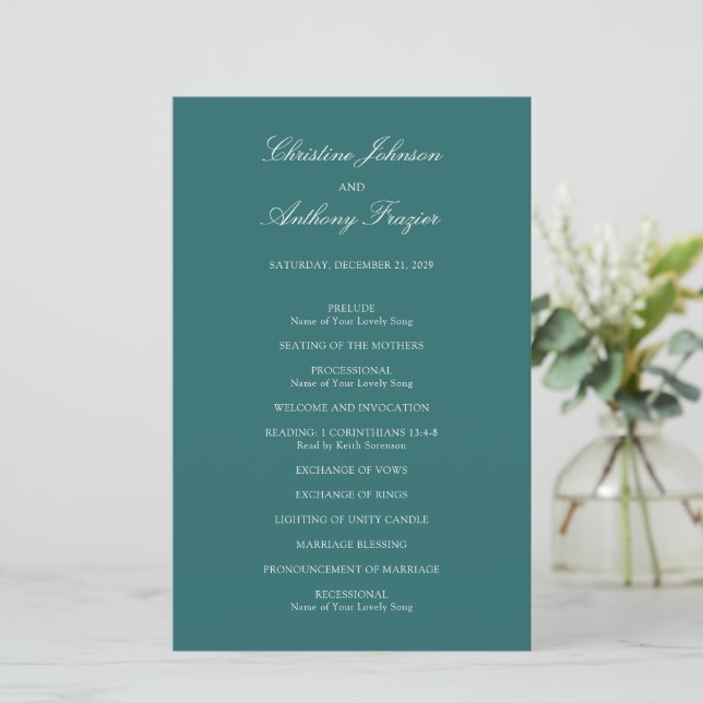 Old Money Teal Classic Wedding Program (Standing Front)
