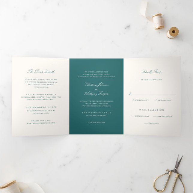 Old Money Teal Classic Wedding Tri-Fold Invitation (Inside)