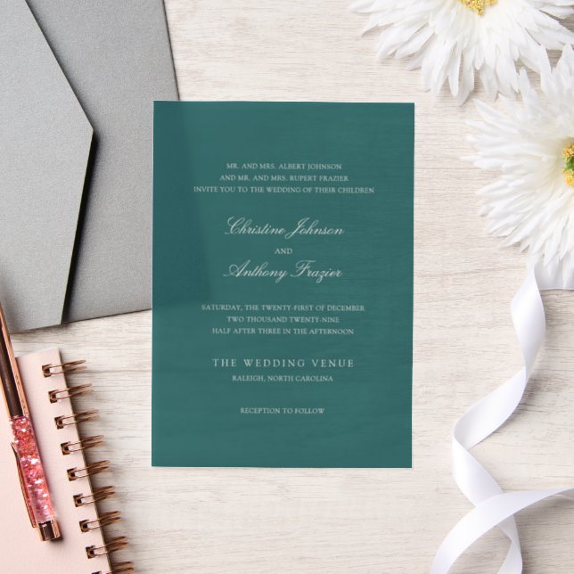 Old Money Teal Classic Wedding Vellum Invitations (Wedding)
