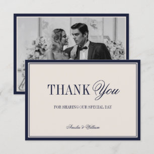 Old Money Timeless Navy Blue Cream Wedding Photo Thank You Card