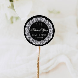 Old Money Wedding Black White Lace Thank you Classic Round Sticker
