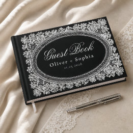 Old Money Wedding Embroidered Lace Black White Guest Book