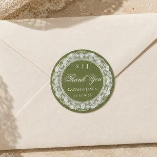Old Money Wedding Olive White Lace Thank you Classic Round Sticker