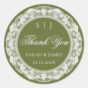 Old Money Wedding Olive White Lace Thank you Classic Round Sticker