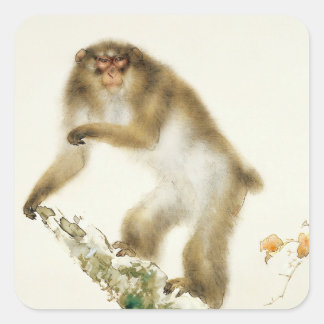 Old Monkey with Cherry in Autumn Square Sticker
