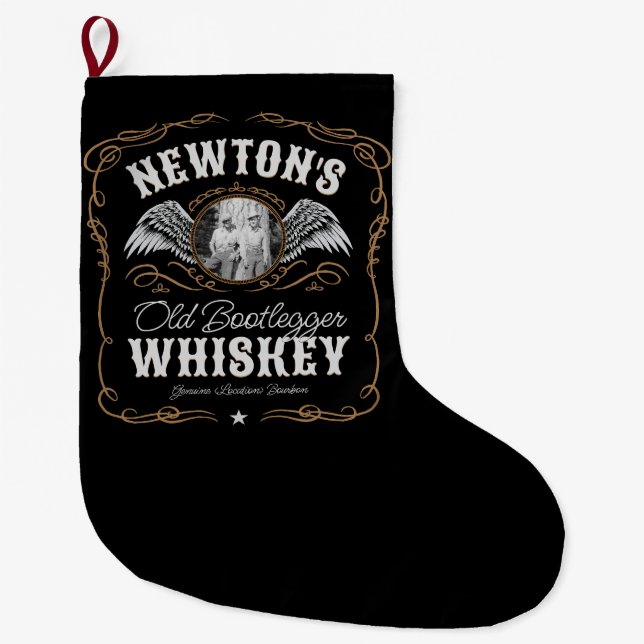  Old Moonshine Whiskey Label ADD PHOTO Family Name Large Christmas Stocking (Front)