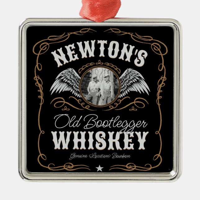  Old Moonshine Whiskey Label ADD PHOTO Family Name Metal Ornament (Front)