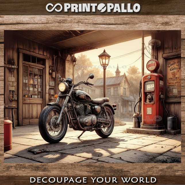 Old motorcycle, a garage with oil pump - Decoupage Wrapping Paper Sheet (Creator Uploaded)