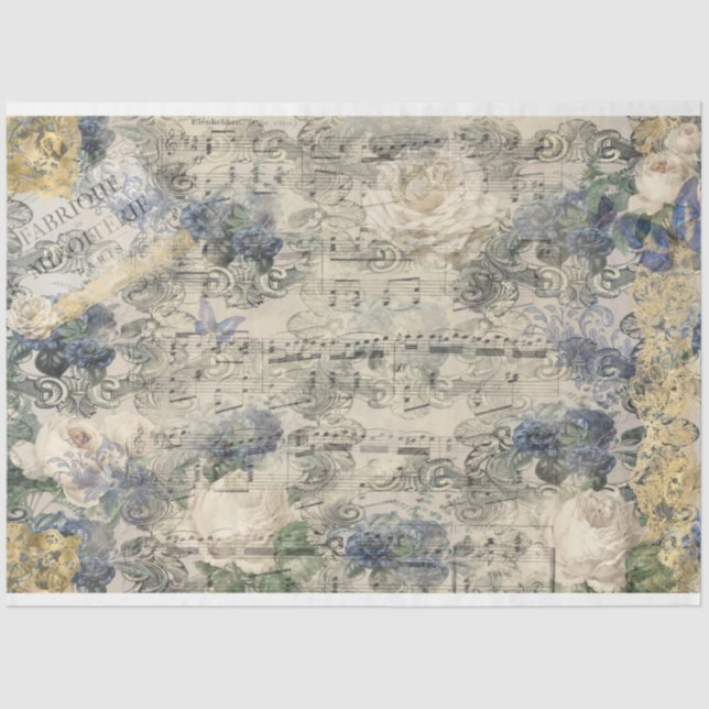 Old Music Sheet French Gold Navy Blue Flowers (Front)