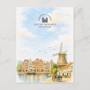 Old Netherland – Amsterdam Watercolor Travel Holiday Postcard