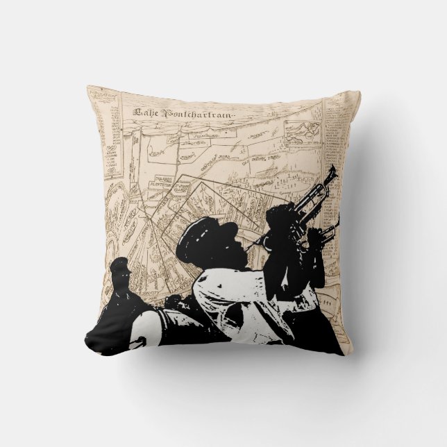 Old New Orleans Map, with Brass Band Throw Pillow (Front)