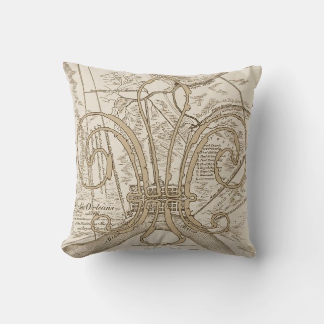 Old New Orleans Map with Fleur Throw Pillow (Front)