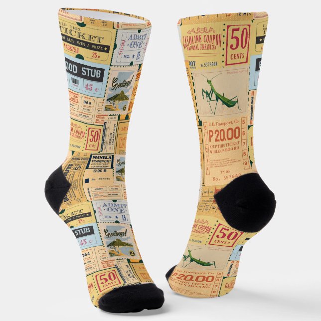 Old newspaper and cenima tickets Modern vintage Socks (Angled)