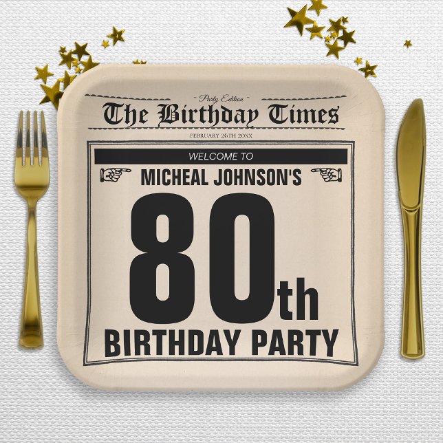  Old Newspaper Fun 80th Birthday Party Custom Paper Plate (Old Newspaper Fun 80th Birthday Party Custom Paper Plates)
