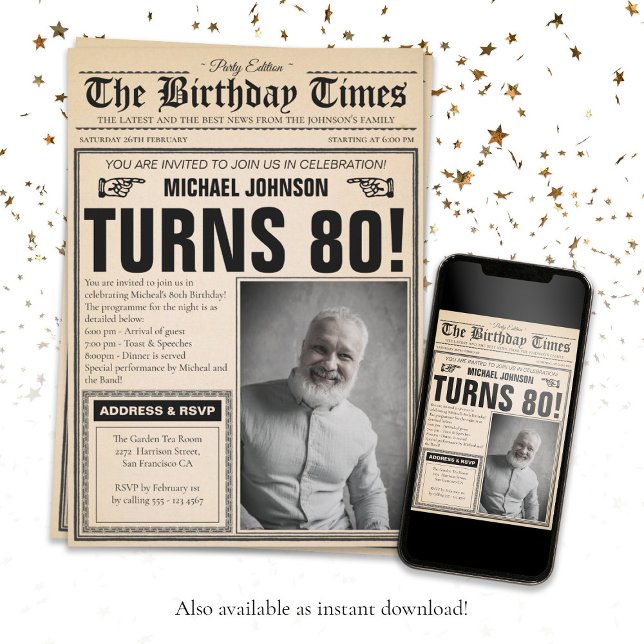 Old Newspaper Fun Custom Photo 80th Birthday Party Invitation (80th Birthday Party Old Newspaper Fun Custom Photo Invitation)