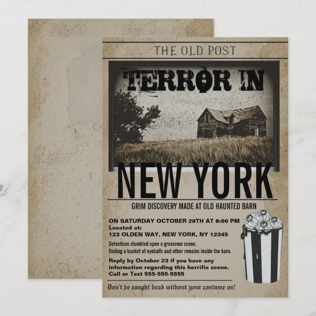Old Newspaper Haunted Barn Halloween Party  Invitation (Front/Back)