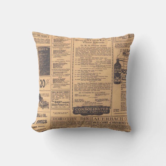 Old Newspaper Page Style Pillow (Front)