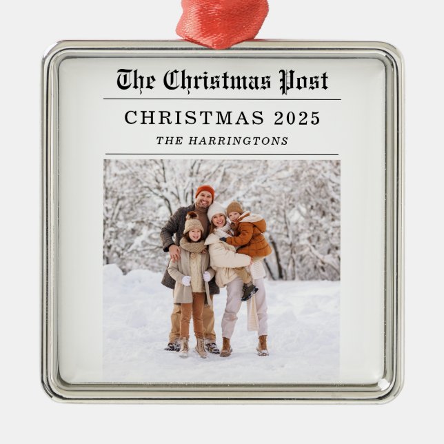 Old Newspaper Style Christmas Greeting Card Metal Ornament (Front)