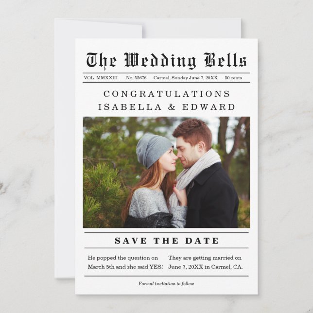 Old Newspaper Style Wedding Save the Date (Front)