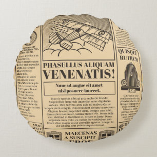 Old newspaper vintage. Retro newsprint with text a Round Pillow