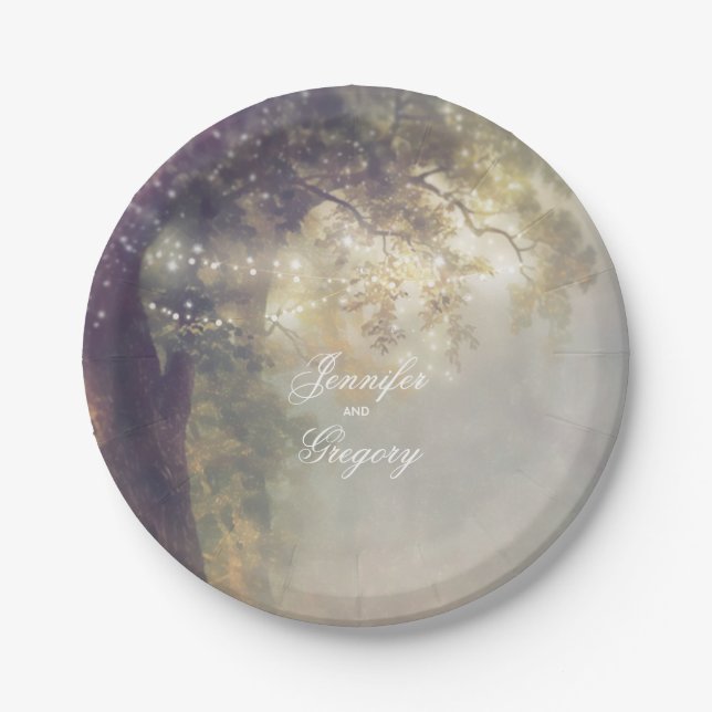 Old Oak Tree and String Lights Rustic Dreamy Paper Plate (Front)