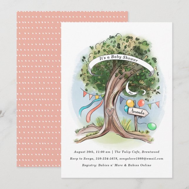 Old Oak Tree Balloons Flag Party Baby Shower Invitation (Front/Back)