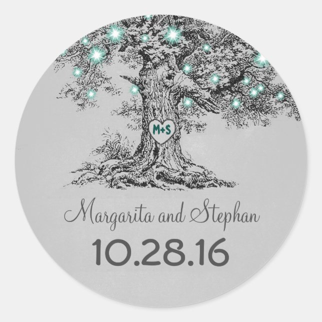 Old oak tree teal lights wedding stickers (Front)
